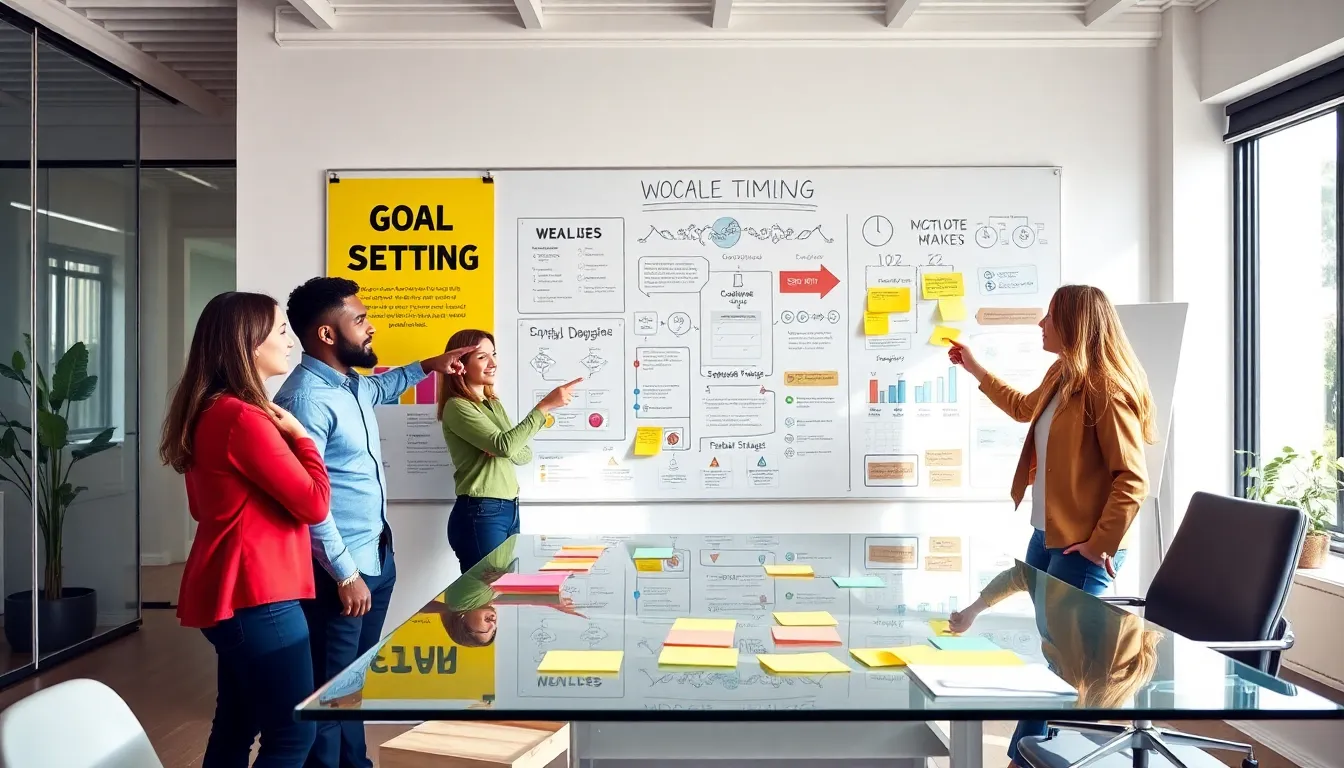 diverse team collaborating on goal setting visuals in a modern office.