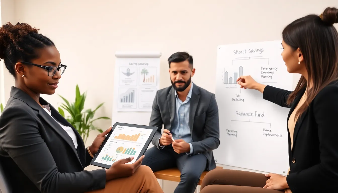 diverse professionals discussing short-term savings goals in a modern office.